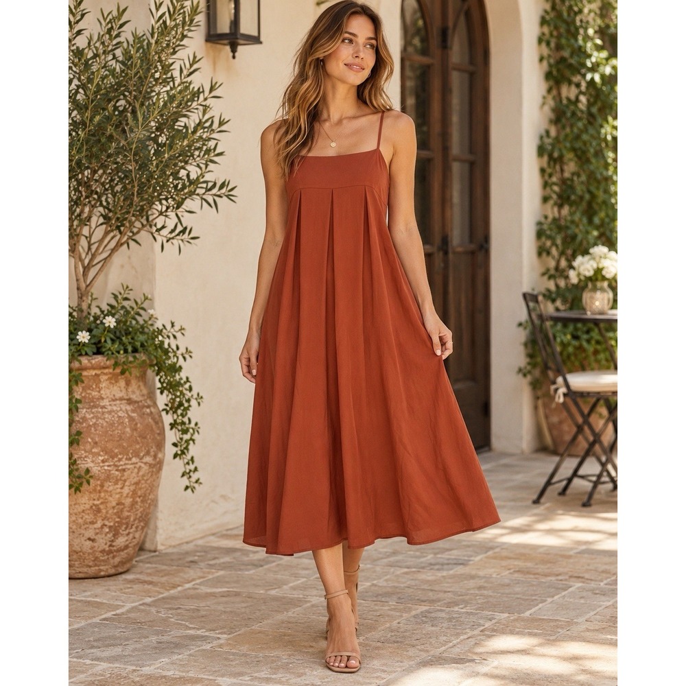 Who What Wear Dress Womens M Rust Brown Pleated Midi Spaghetti Strap Boho
